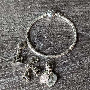 Pandora Moments Heart Clasp Snake Chain Bracelet with Three Charms